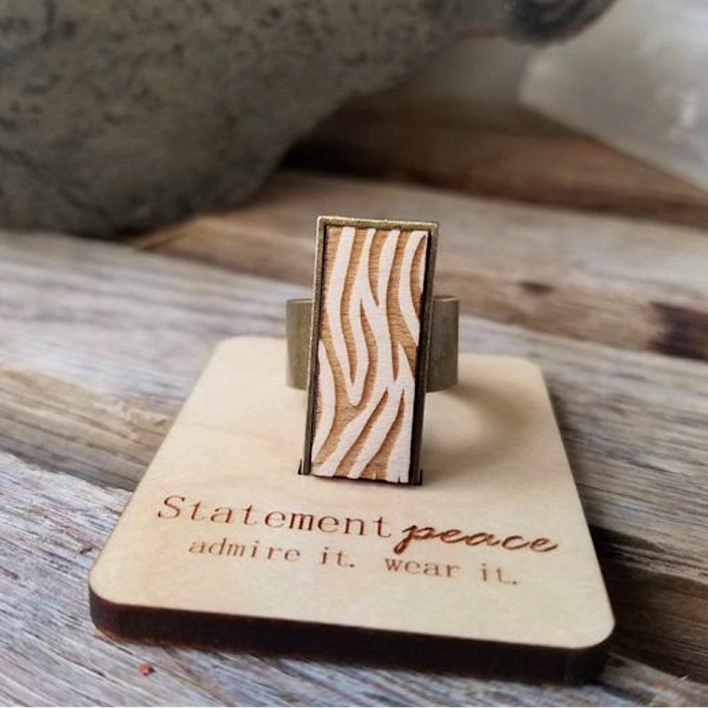 HANDMADE Ring One Size Artisan Wood Brass Engraved Animal Print Eco Friendly NEW